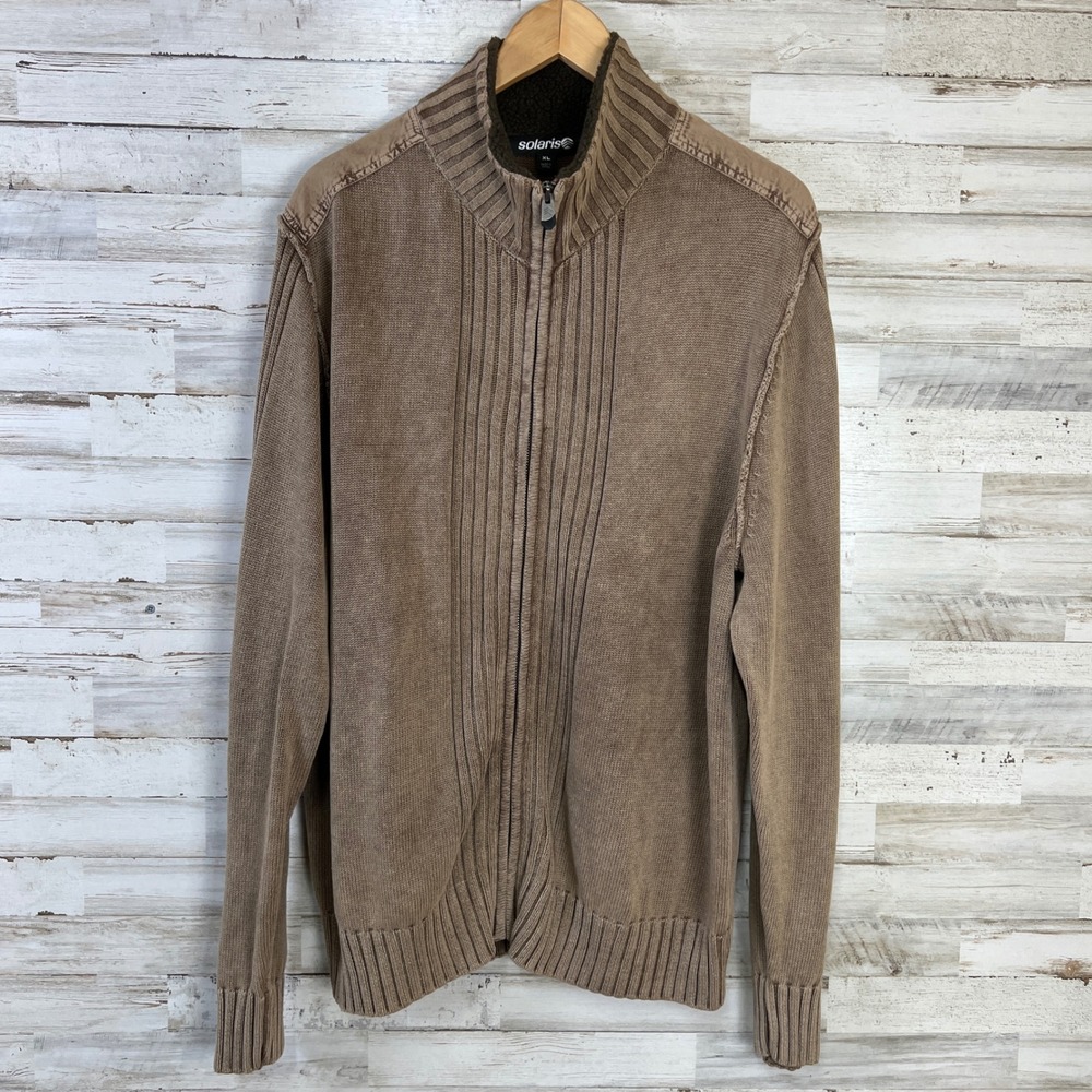 Solaris Sweater Mens XL Brown Full Zip Ribbed Cotton Knit Faux Fur Collar Mock